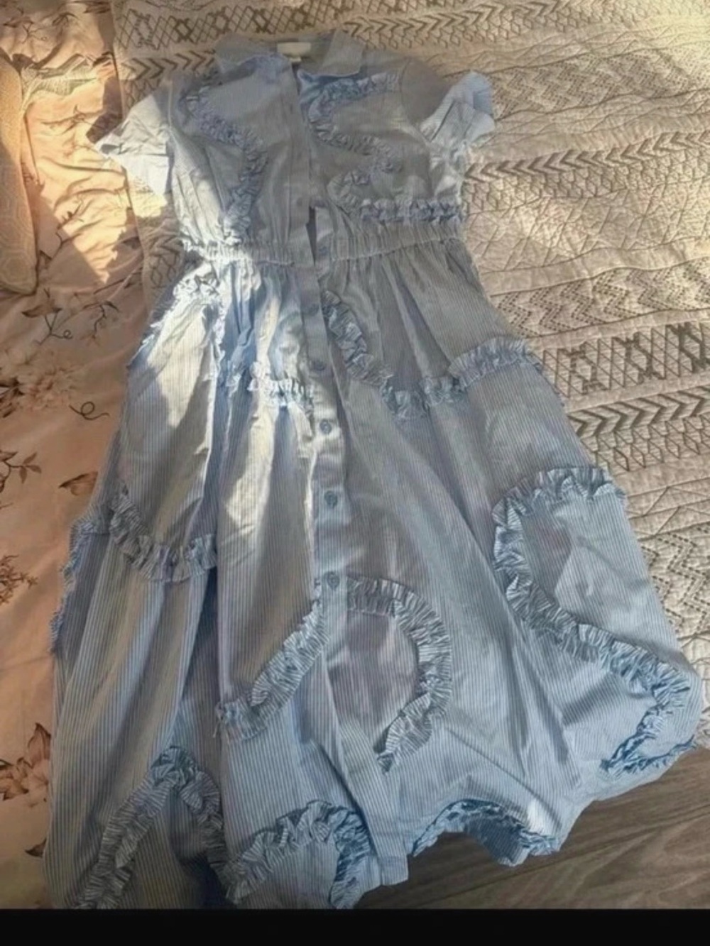 kate spade Light Blue Striped Ruffle-Trim Midi Dress